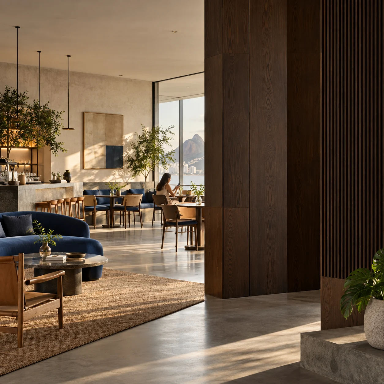 Ambiente acolhedor de um café contemporâneo com uma pessoa usando o celular